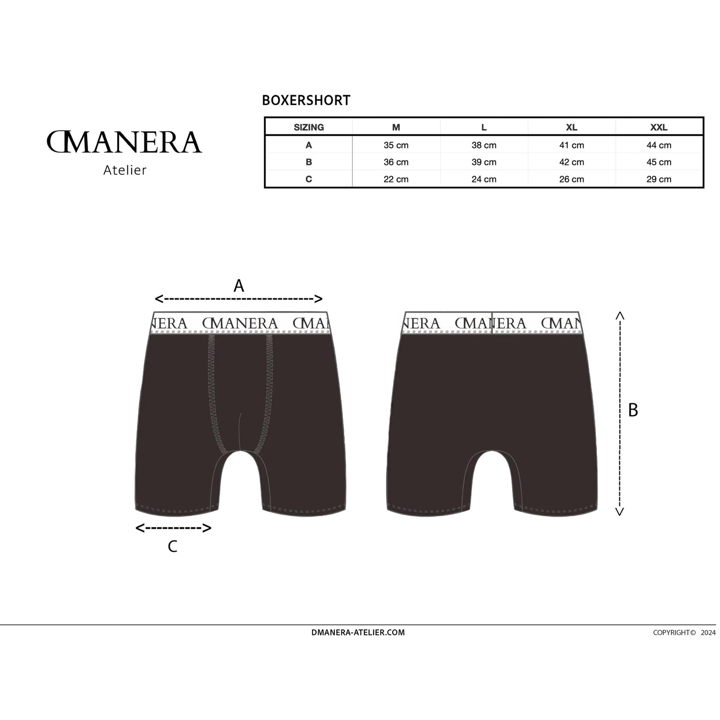 Größentabelle und Skizze schwarzer Boxershorts von DMANERA Atelier mit Logo-Bund.