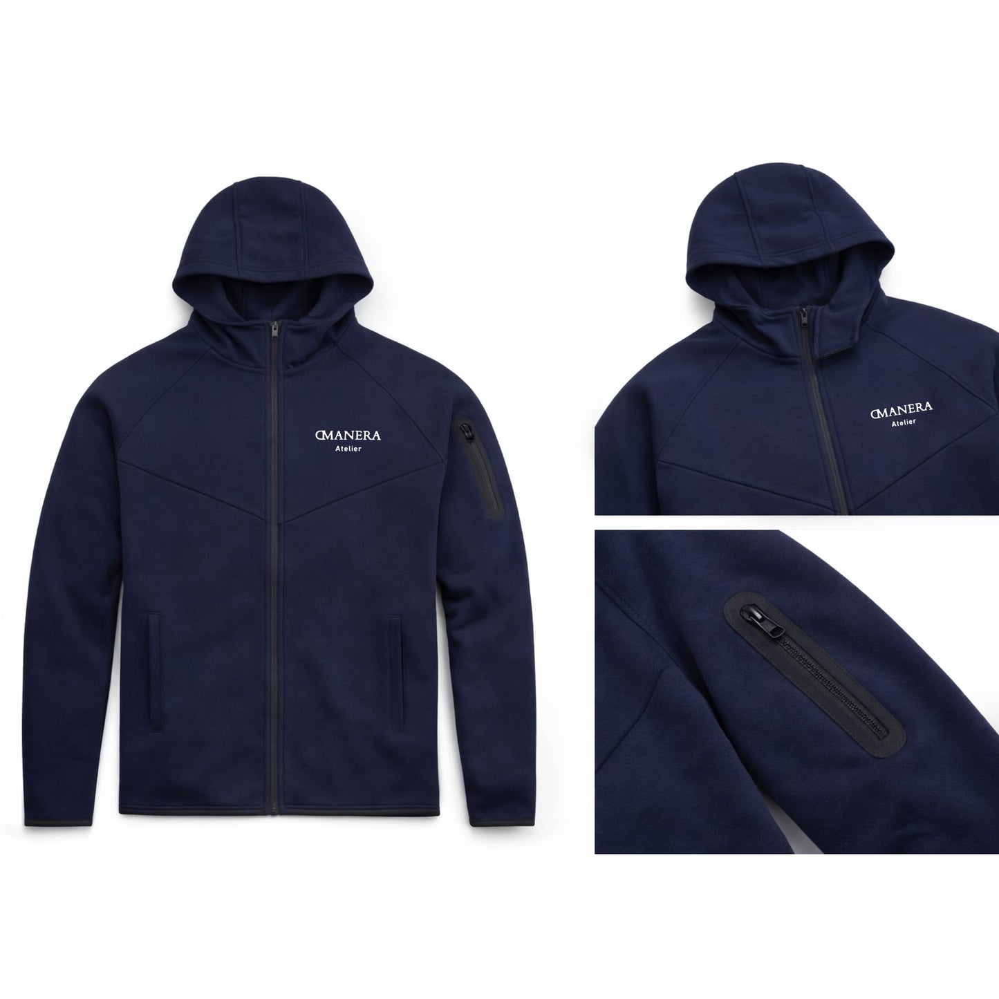 Dunkelblaue Herren Hoodie-Jacke mit Kapuze, Reißverschluss und Armtasche, hochwertig, minimalistisch.