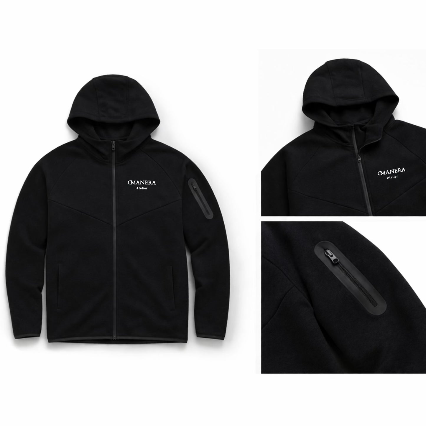 Schwarzer Hoodie mit Kapuze, Reißverschluss und Armtasche, großes Produktfoto und Detailansichten