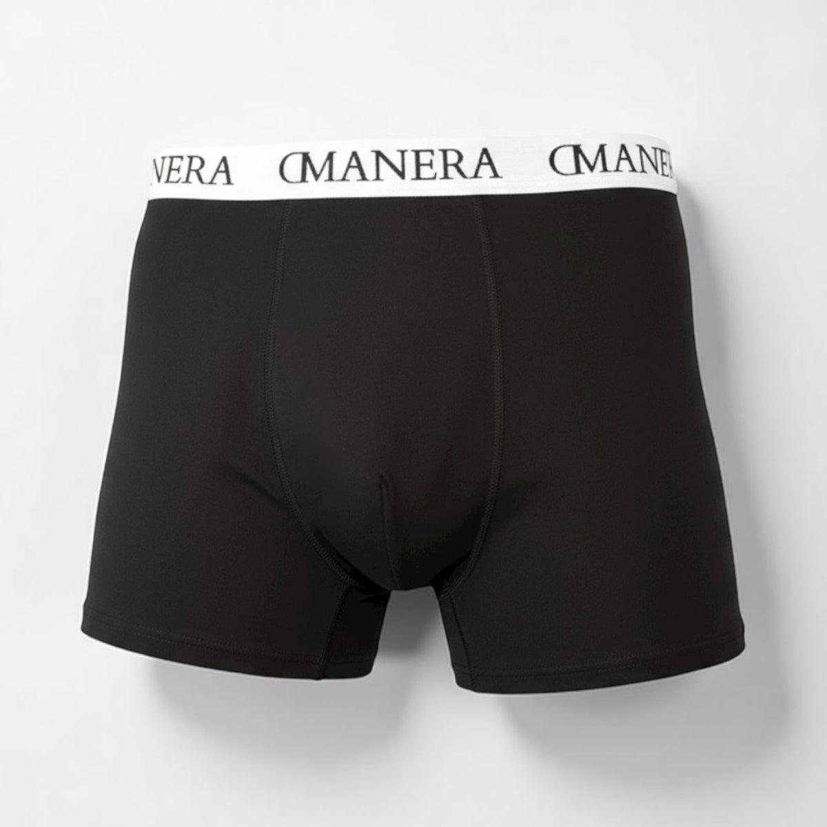 Schwarze DMANERA Atelier Herren Boxershorts mit weißem Logo-Bund, minimalistisch, hochwertig