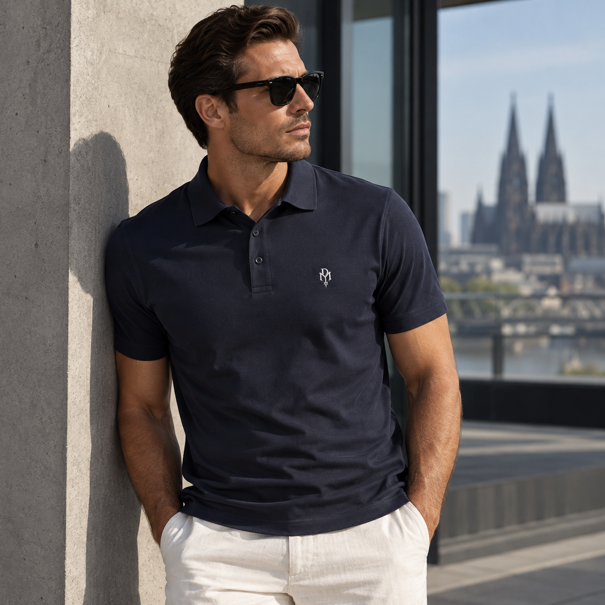 Dunkelblaues Jersey Poloshirt von DMANERA Atelier in Slim Fit mit dezentem Logo-Stick auf der Brust.