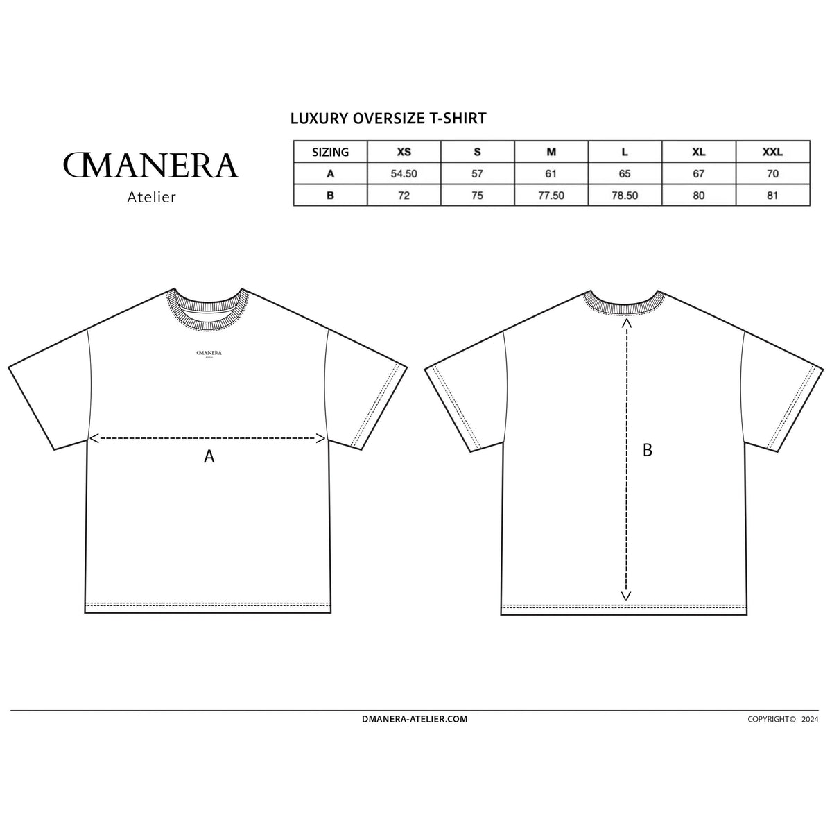 Größentabelle und Skizze für DMANERA Atelier Luxury Oversize T-Shirt, Maße und Passform.