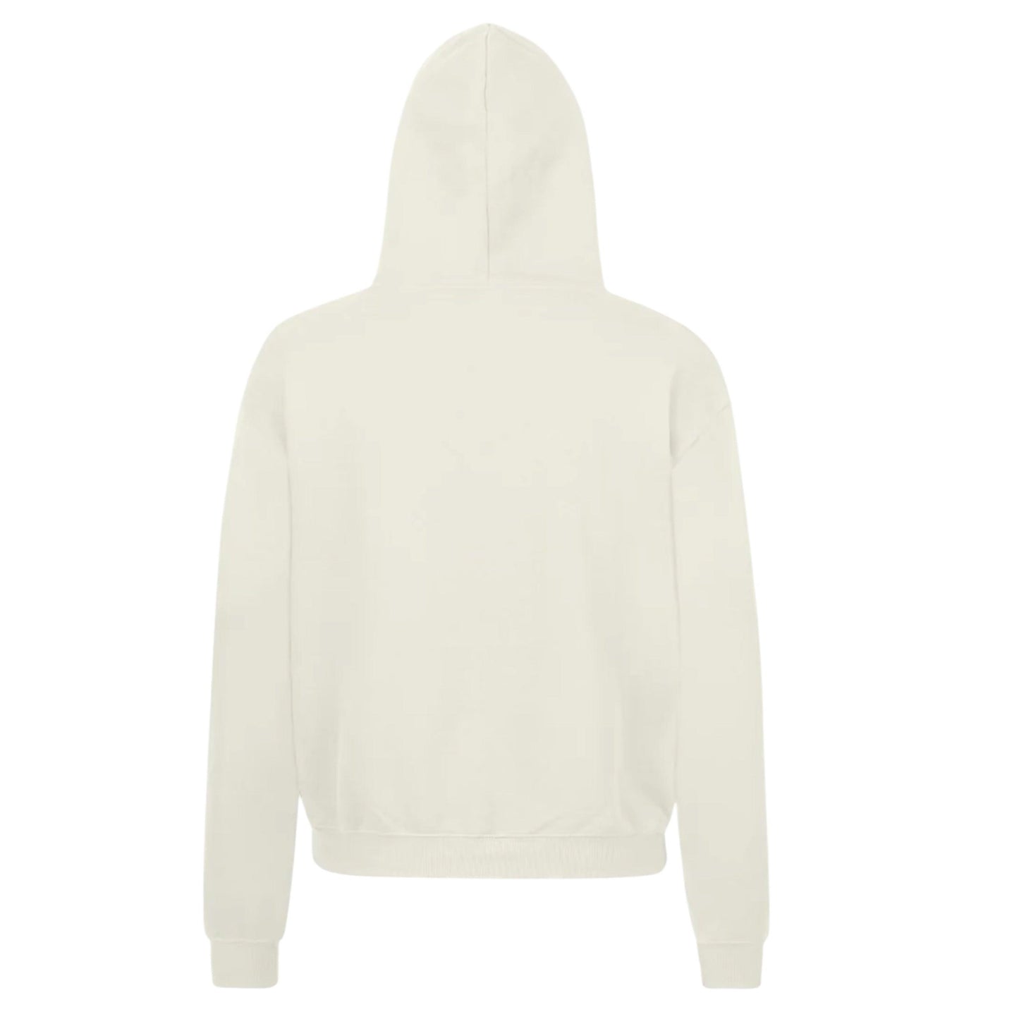 Rückansicht eines cremefarbenen DMANERA Atelier Hoodies, schlicht und hochwertig