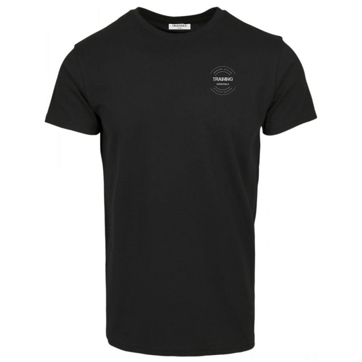 Schwarzes DMANERA Atelier Training T-Shirt mit dezentem Print, hochwertig und modern.