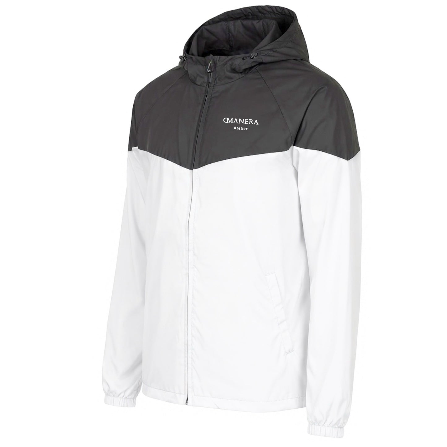 Zweifarbige Herren Windjacke mit Kapuze von DMANERA Atelier in Weiß und Schwarz