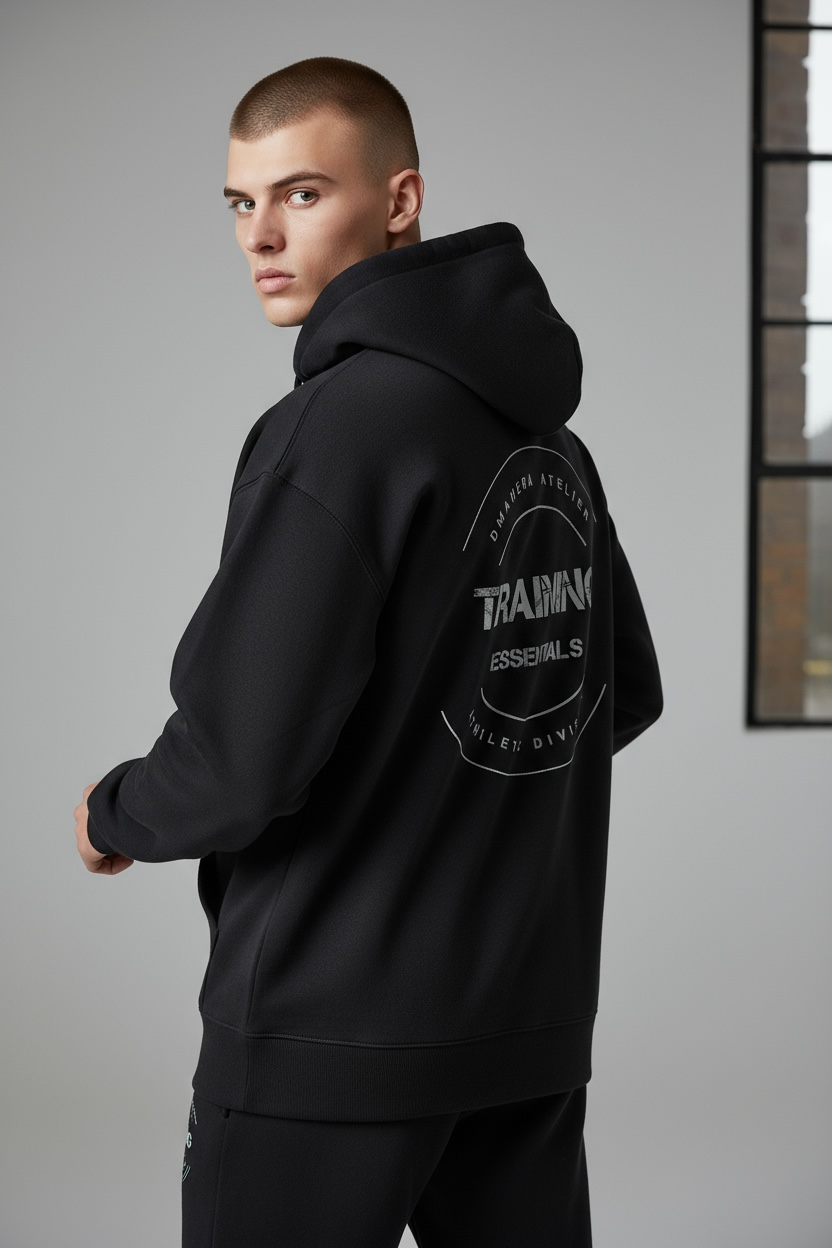 Junger Mann trägt schwarzen DMANERA Atelier Hoodie mit rundem Trainings-Logo auf dem Rücken