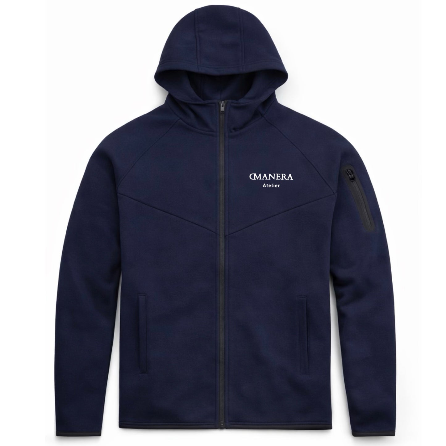 Dunkelblaue Kapuzenjacke mit Reißverschluss und dezentem Logo-Print auf der Brust