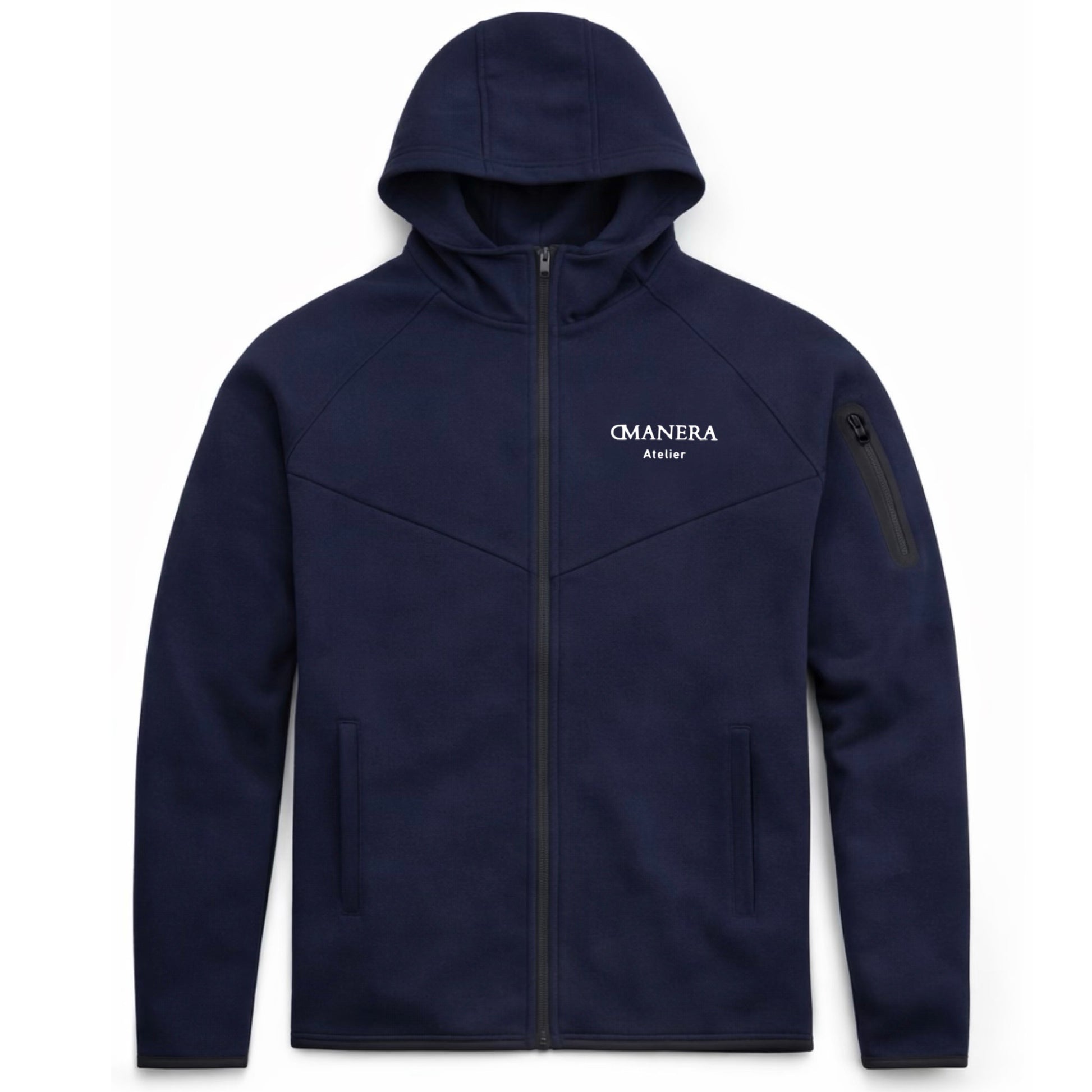 Dunkelblaue Kapuzenjacke mit Reißverschluss und dezentem Logo-Print auf der Brust