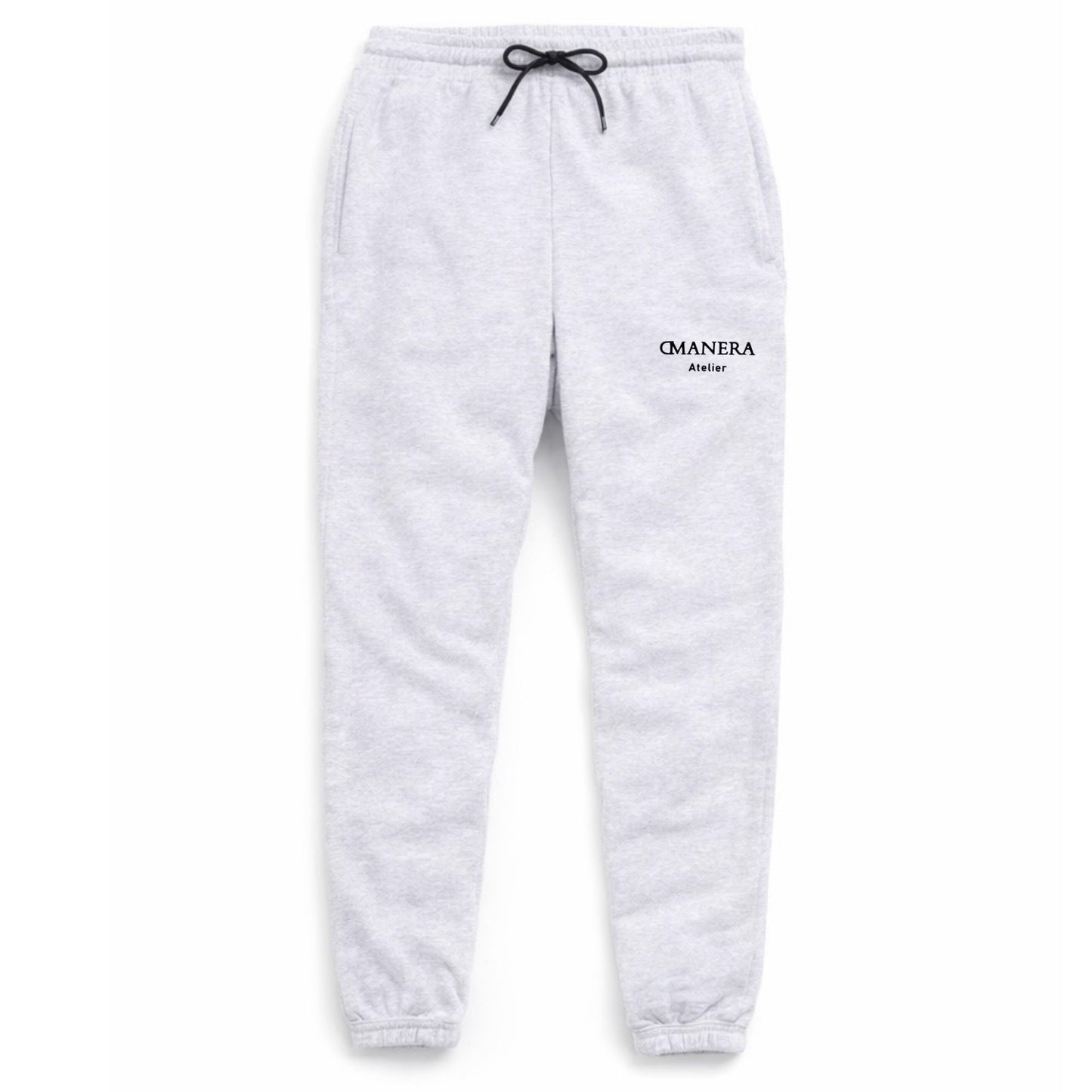 Hellgraue Jogginghose mit Tunnelzug und seitlichen Taschen, schwarzem Logo-Print am Oberschenkel
