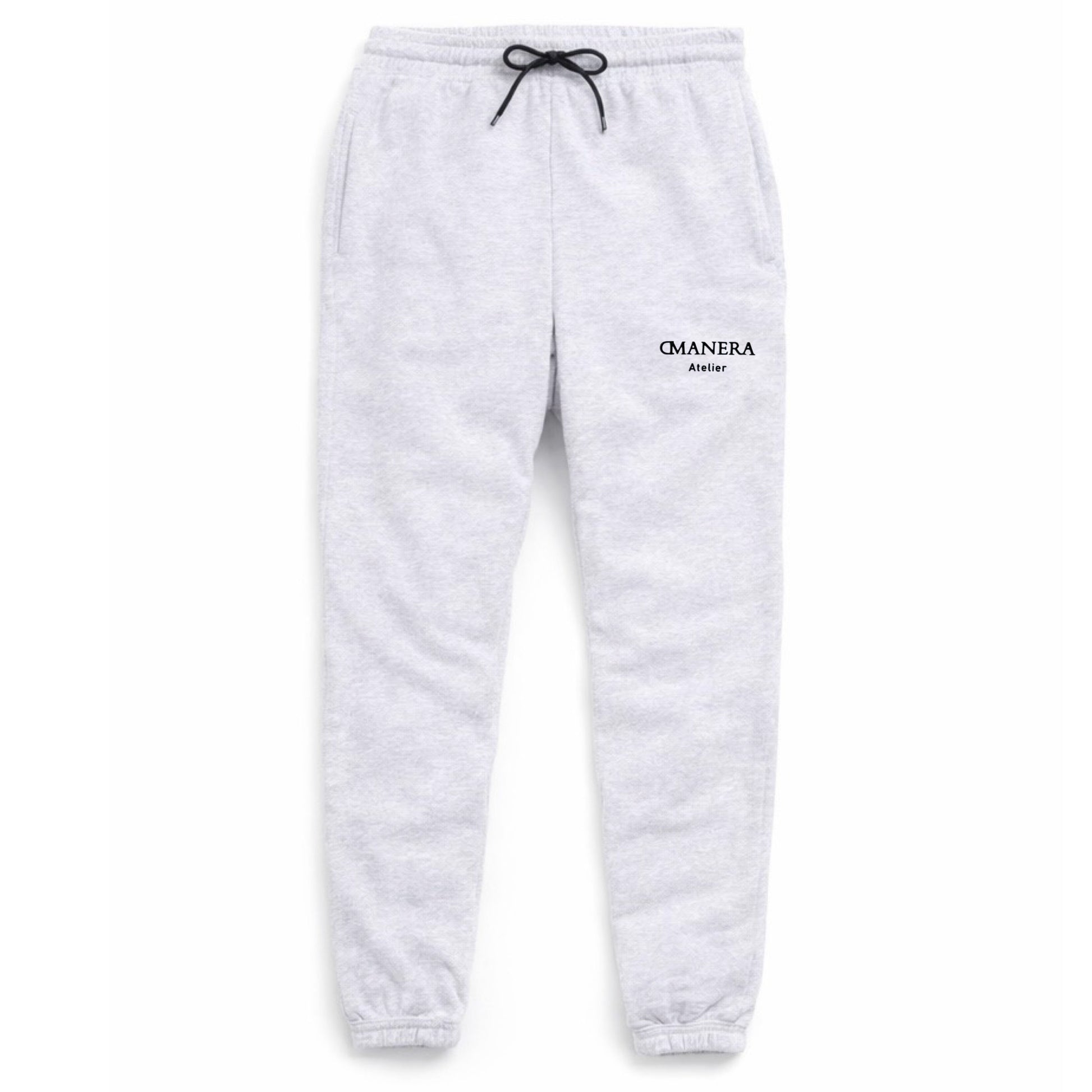 Hellgraue Jogginghose mit Tunnelzug und seitlichen Taschen, schwarzem Logo-Print am Oberschenkel