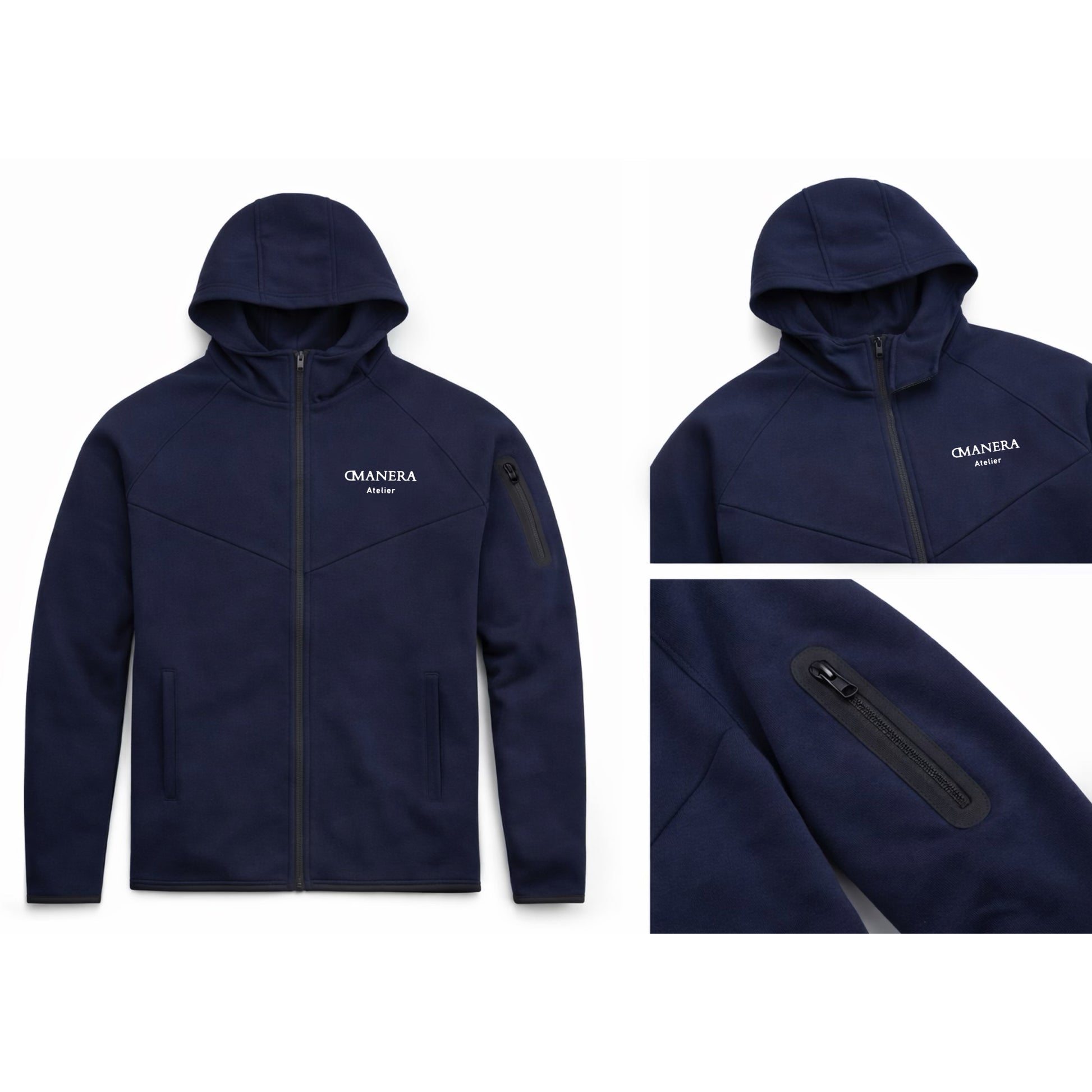 Dunkelblaue Herren Hoodie-Jacke mit Kapuze, Reißverschluss und Armtasche, hochwertig, minimalistisch.
