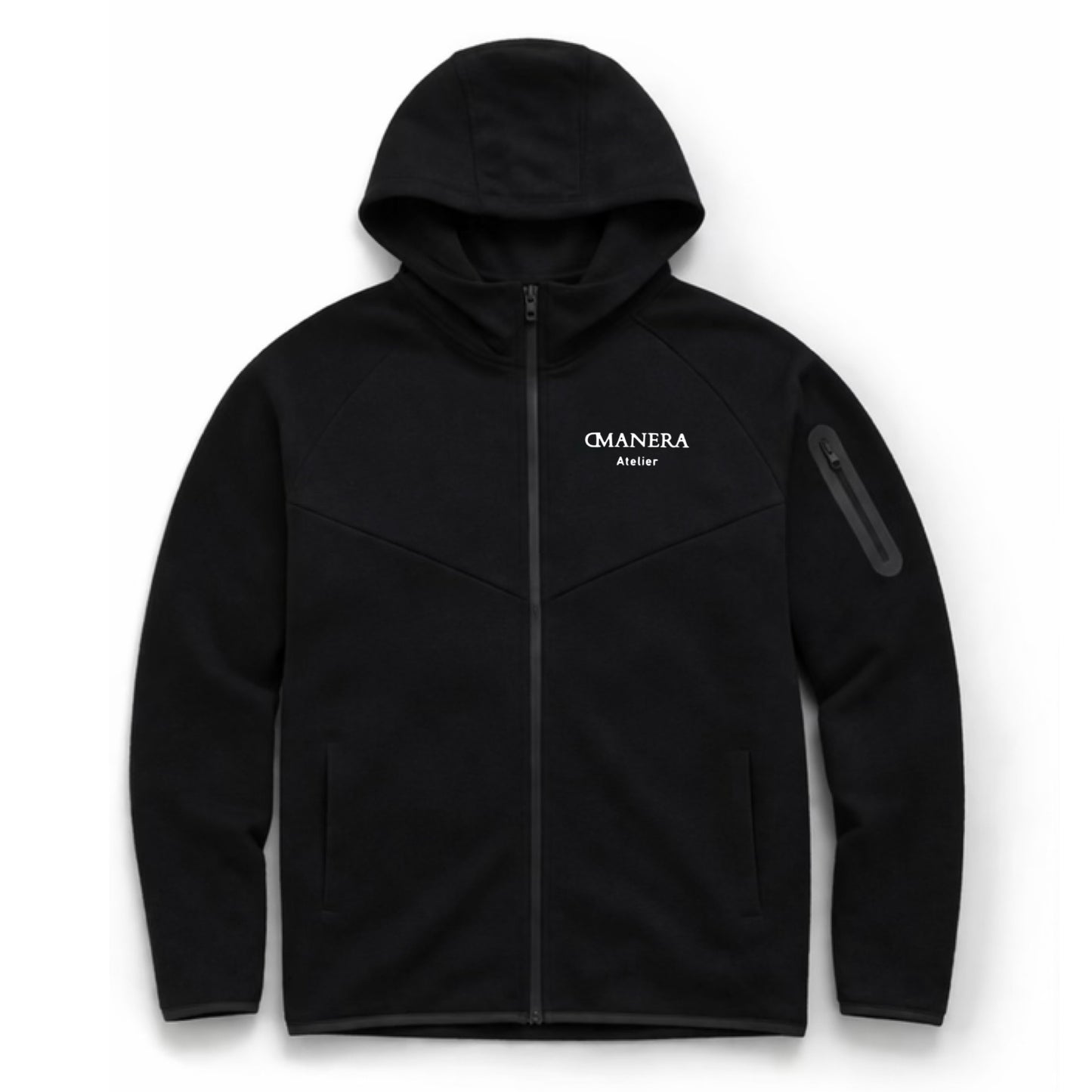 Schwarze Herren Kapuzenjacke mit Reißverschluss und weißem Atelier-Schriftzug auf Brust
