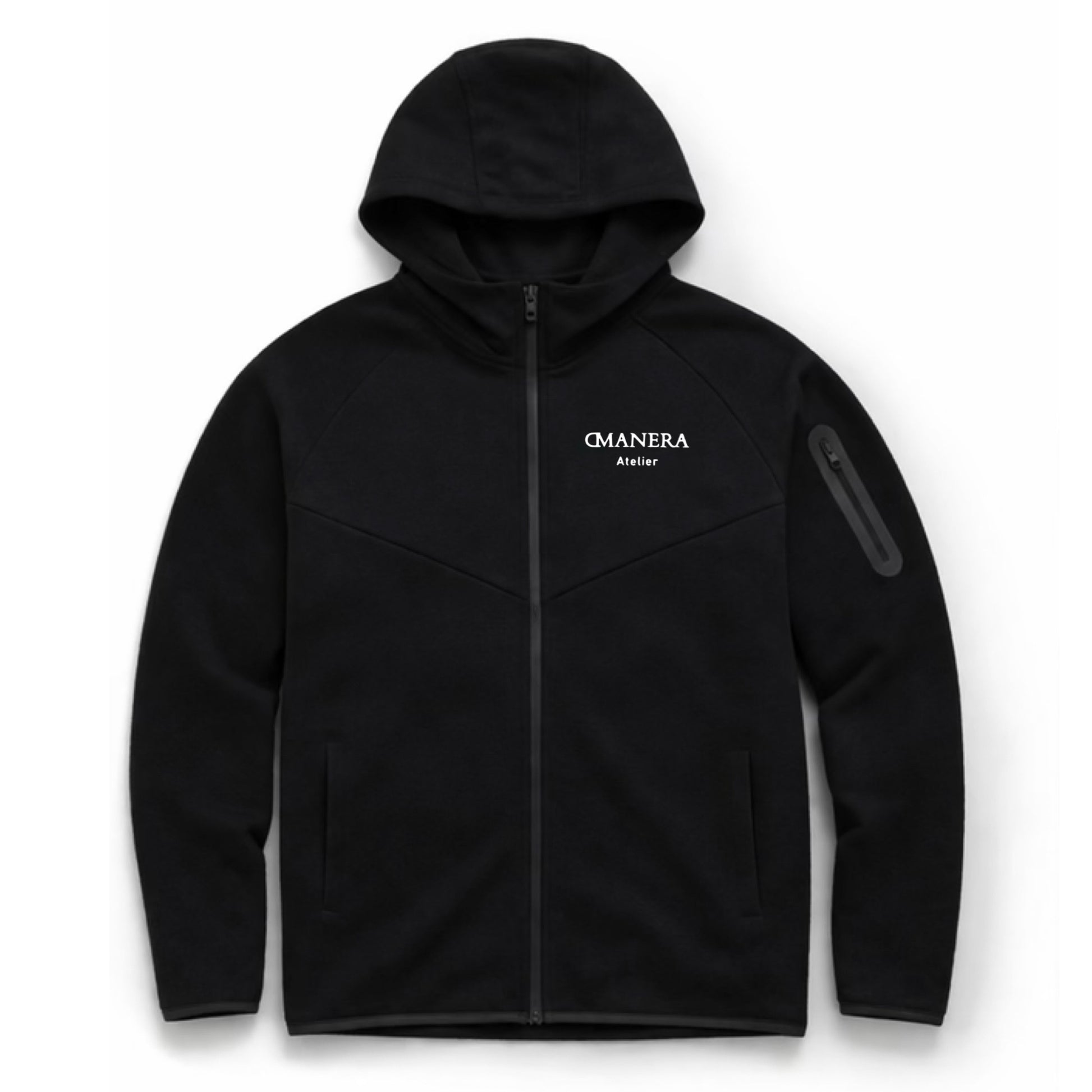 Schwarze Herren Kapuzenjacke mit Reißverschluss und weißem Atelier-Schriftzug auf Brust