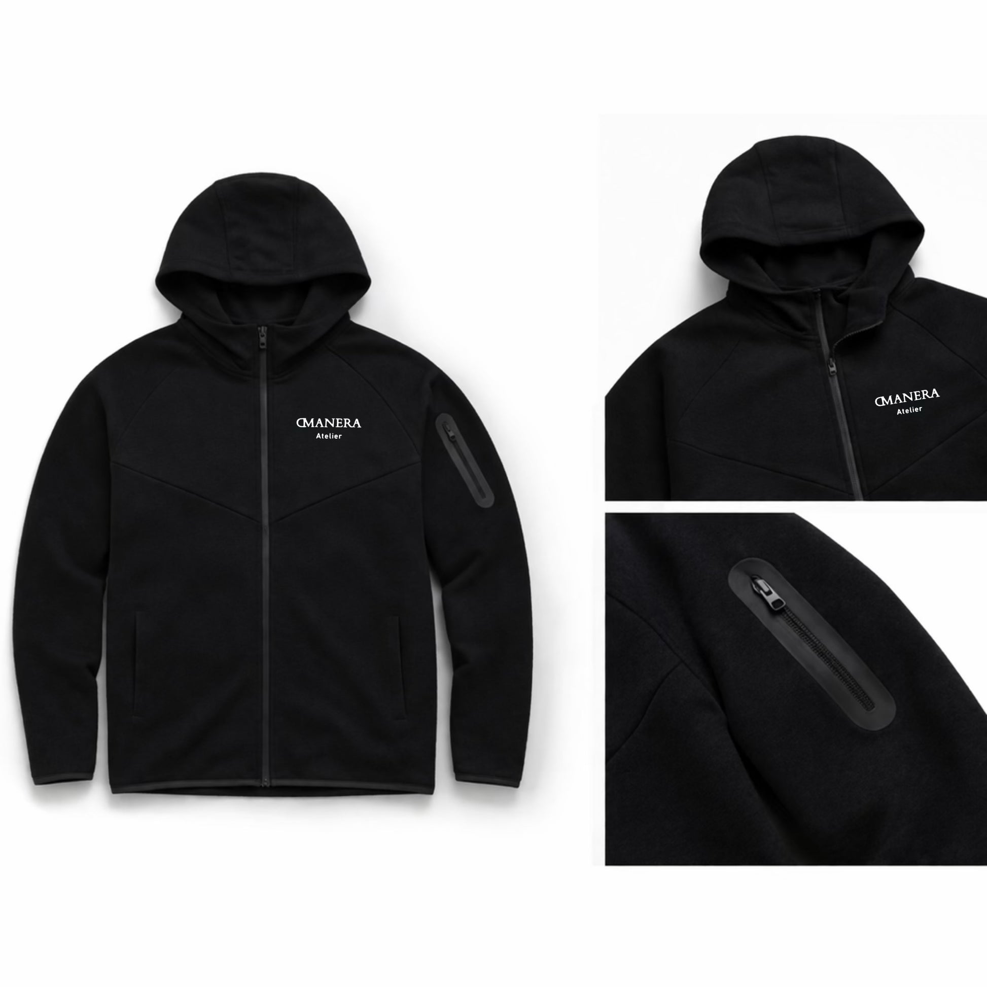 Schwarzer Hoodie mit Kapuze, Reißverschluss und Armtasche, großes Produktfoto und Detailansichten
