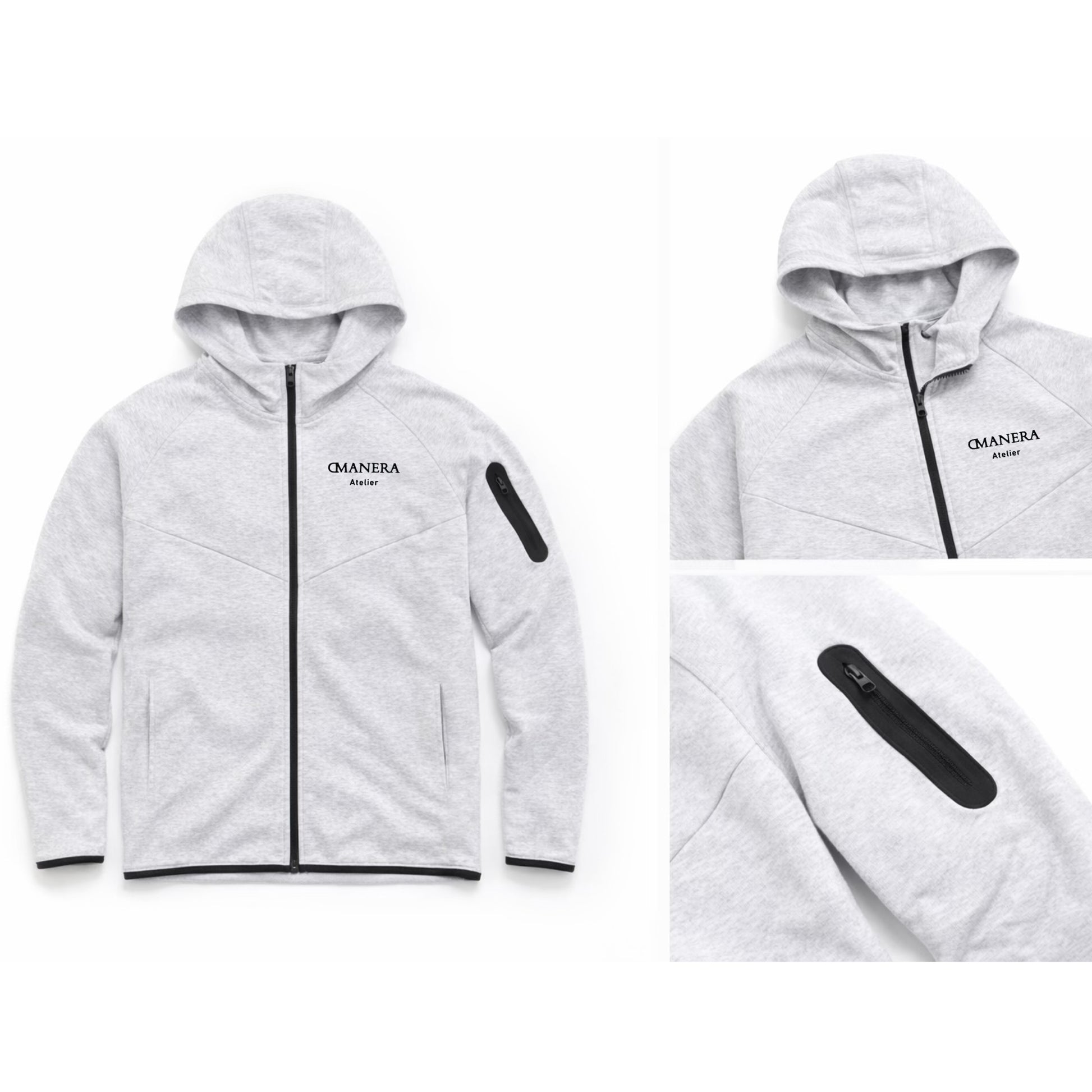 Hellgrauer Hoodie mit Reißverschluss, Kapuze und seitlicher Reißverschlusstasche für Herren
