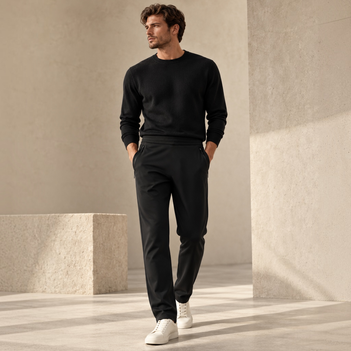 DMANERA Atelier Hybrid Pant in Schwarz – hochwertige Herren-Hose im modernen Business-Casual-Stil mit minimalistischem Design und eleganter Passform.