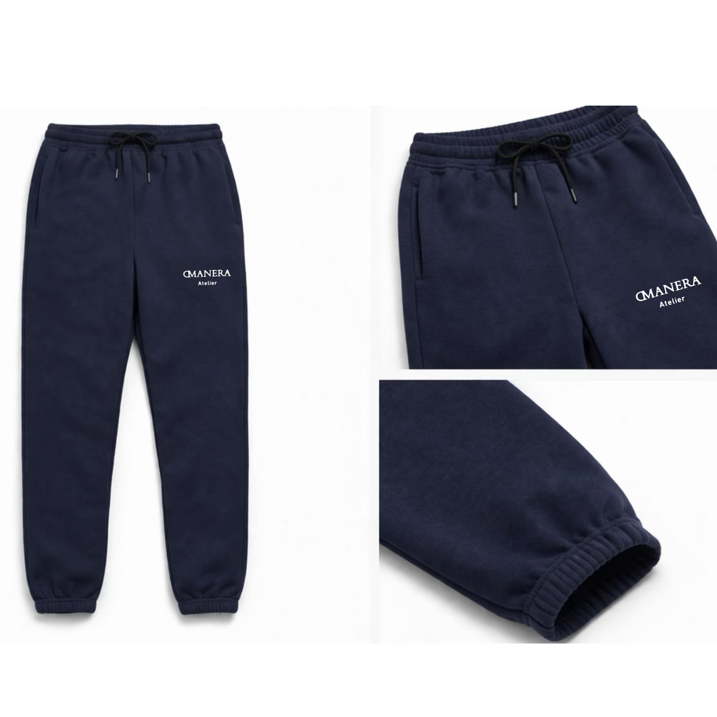 Dunkelblaue Jogginghose mit weißem Aufdruck, elastischem Bund und Taschen, Detailansicht.