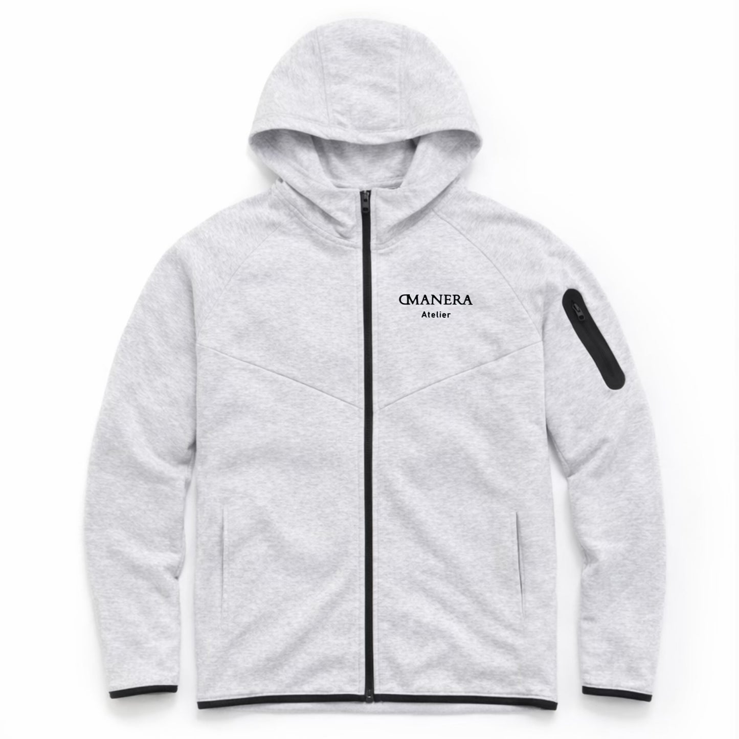 Hellgrauer Hoodie mit Kapuze, Reißverschluss und schwarzem Atelier-Schriftzug, moderne Streetwear