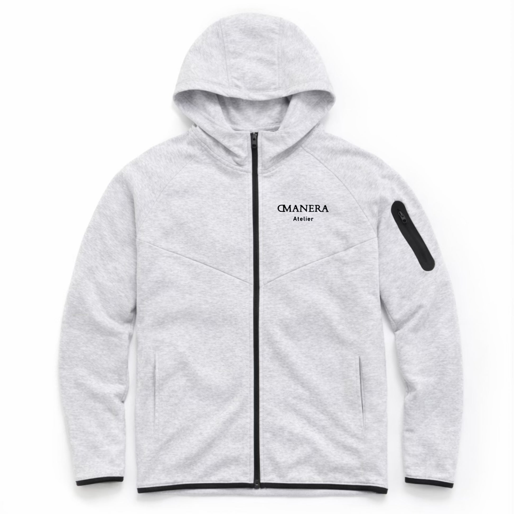 Hellgrauer Hoodie mit Kapuze, Reißverschluss und schwarzem Atelier-Schriftzug, moderne Streetwear