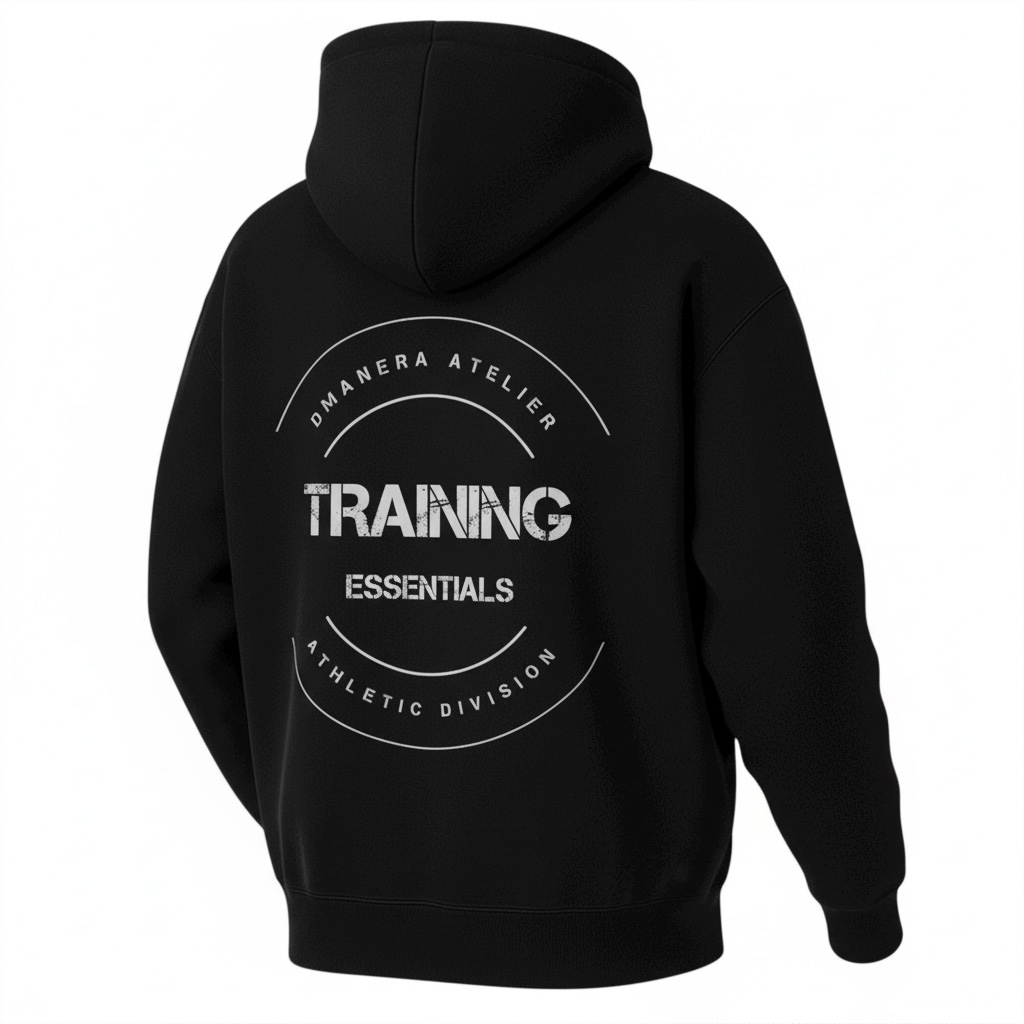 Schwarzer Hoodie von DMANERA Atelier mit Aufdruck 'TRAINING ESSENTIALS' auf dem Rücken